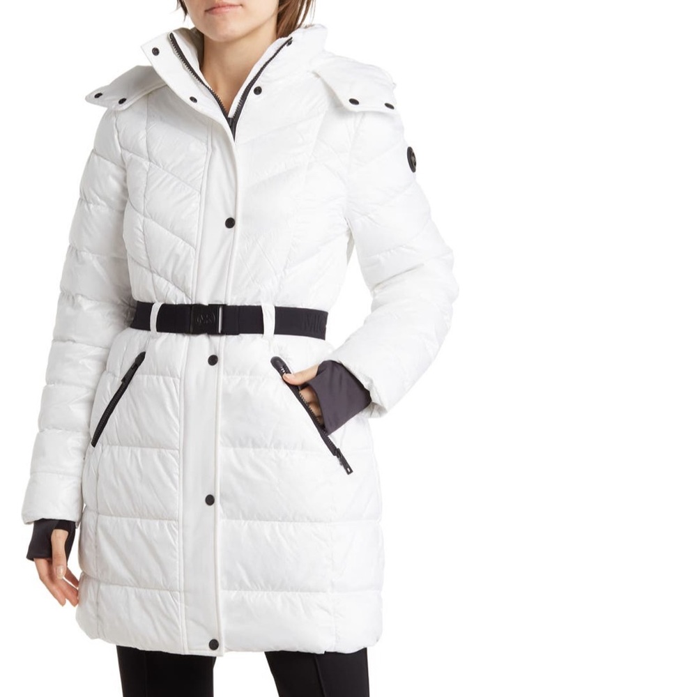 Michael Kors Hooded Puffer Jacket In White W/ Black Details New - Duplicate